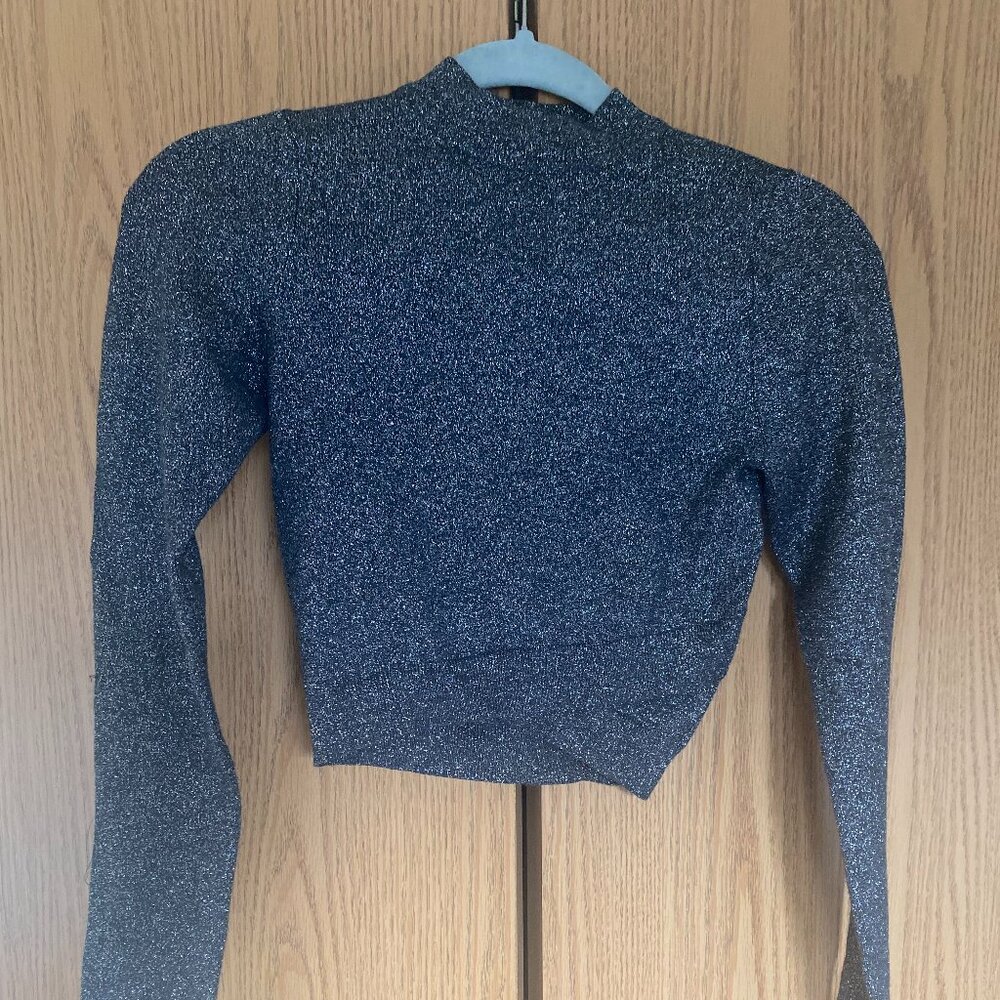 Express Sparkly Charcoal Crop Sweater Asymmetrical bottom long sleeve XS